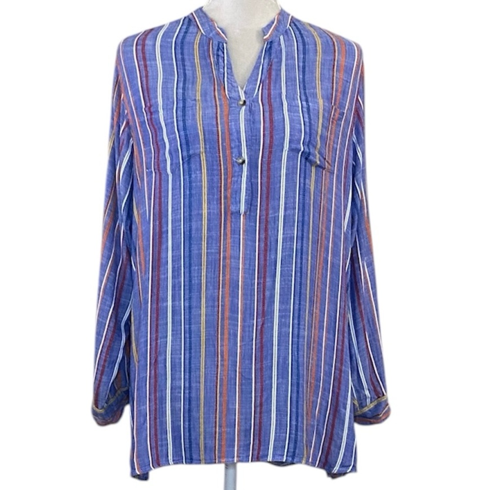 Chic Connection Blue Multicolor Stripe Roll Sleeve‎ Cotton Button Down Top Sz XL